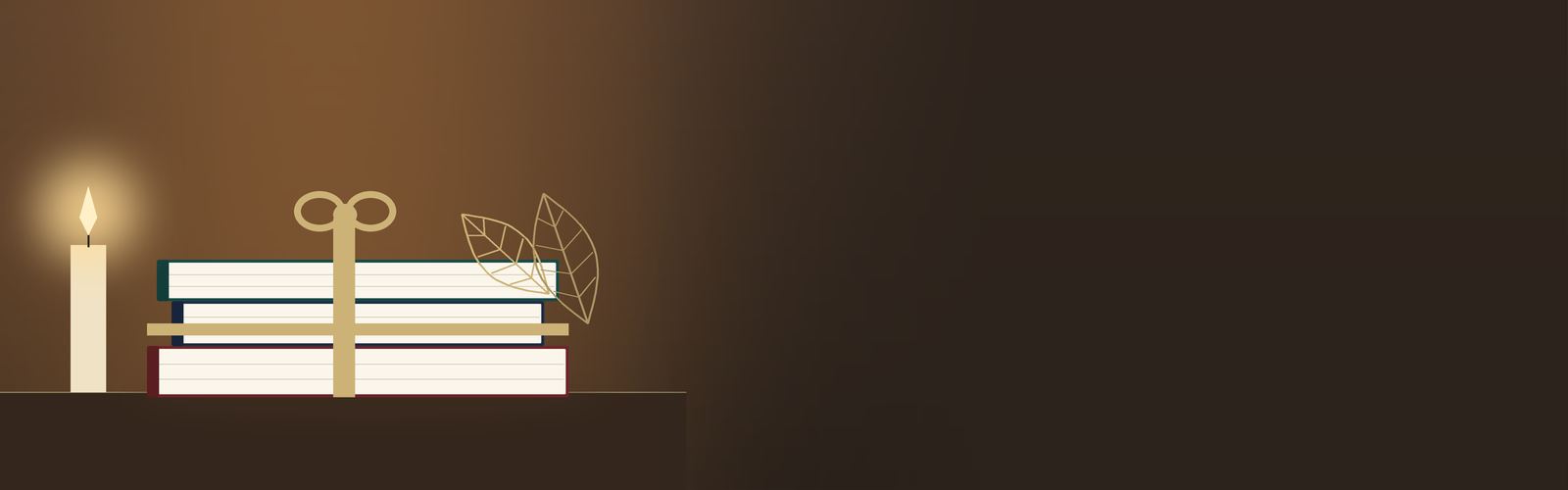 كتبٌ مربوطة بشريطٍ ذهبيّ بجانب شمعة