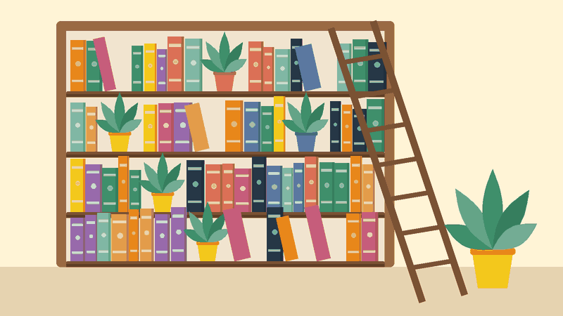 رفٌّ عالٍ من الكتب وسُلّمٌ خشبيّ ونبتة