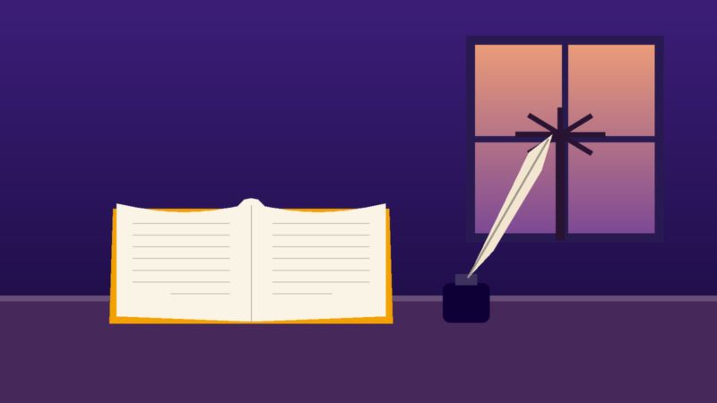 كتابٌ مفتوح وريشةٌ ومحبرة عند نافذة