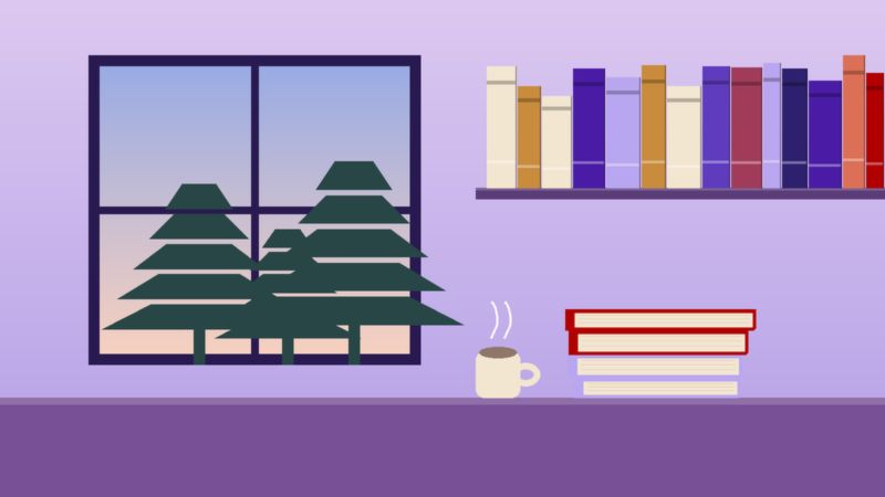 أشجار أرزٍ وراء نافذة ورفُّ كتب