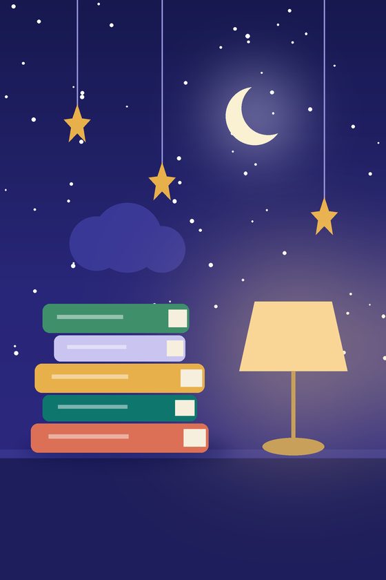كتبٌ ومصباحٌ تحت سماءٍ ليليّة