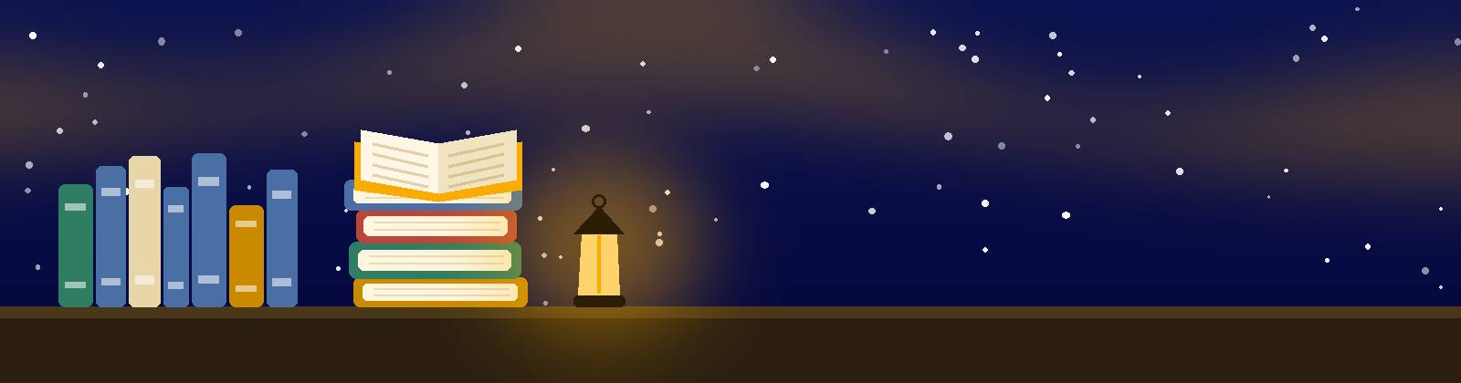 مكتبٌ ليليّ عليه كومة كتبٍ وكتابٌ مفتوح ومصباح