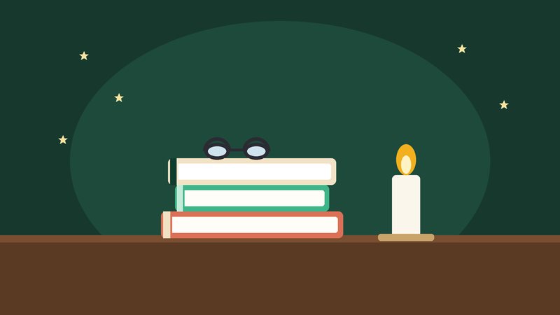 كتبٌ مكدّسة عليها نظّارة بجانب شمعة
