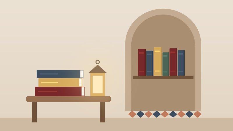 كوّةٌ مقوّسة فيها مجلّداتٌ قديمة، وفانوسٌ على طاولة