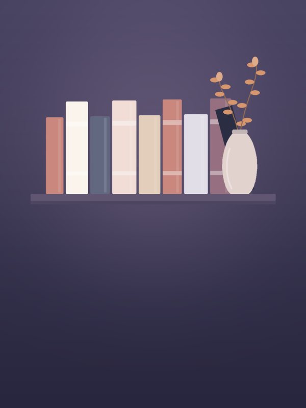 رفٌّ من الكتب بجانب مزهريّةٍ بأغصانٍ خريفيّة