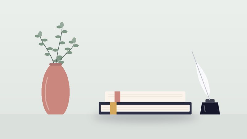 كتبٌ ومحبرةٌ وريشة بجانب مزهريّة