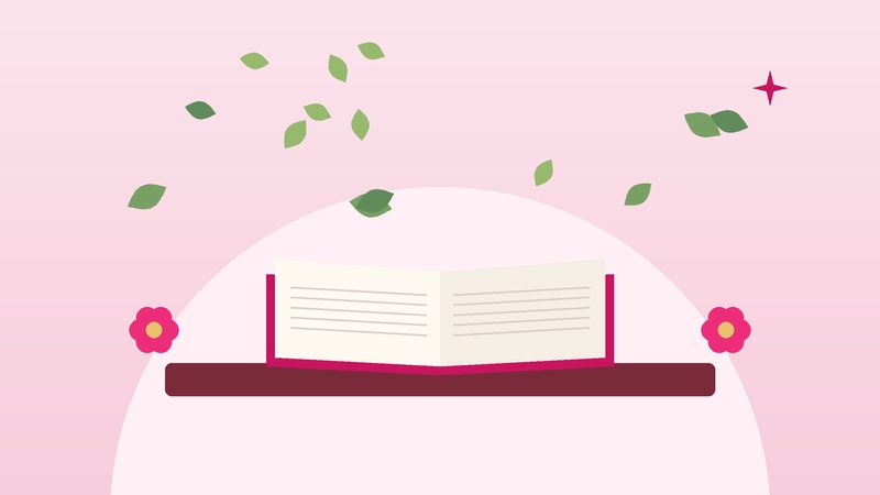 كتابٌ مفتوح على رفٍّ تتساقط فوقه أوراق شجر