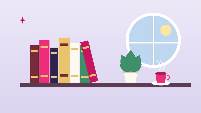 رفُّ كتبٍ ملوّنة بجانب نافذةٍ ونبتة