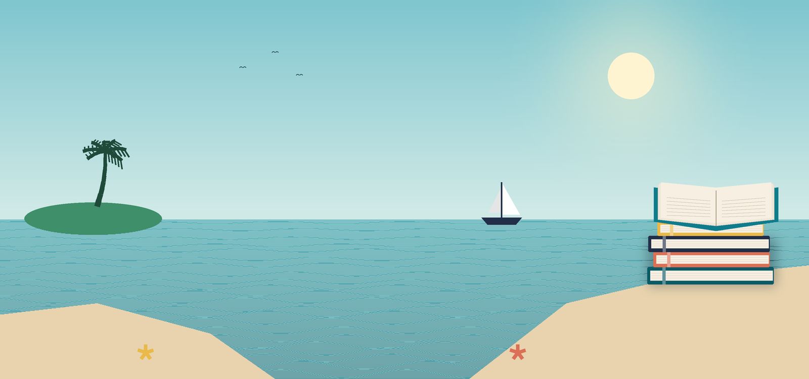شاطئٌ مشمس عليه رصّةٌ من الكتب وكتابٌ مفتوح