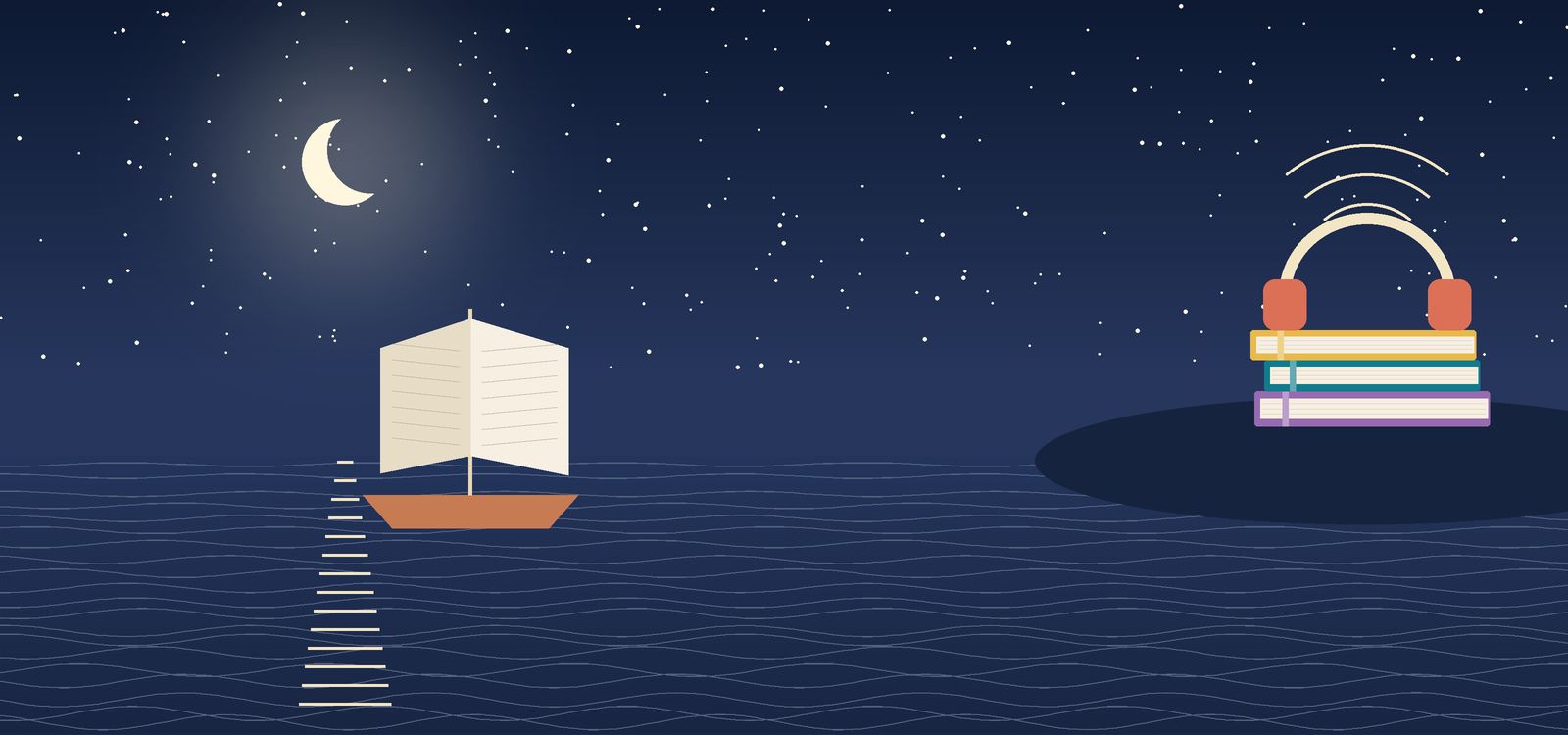 قاربٌ شراعه كتابٌ مفتوح تحت الهلال، وسمّاعتان فوق كتب