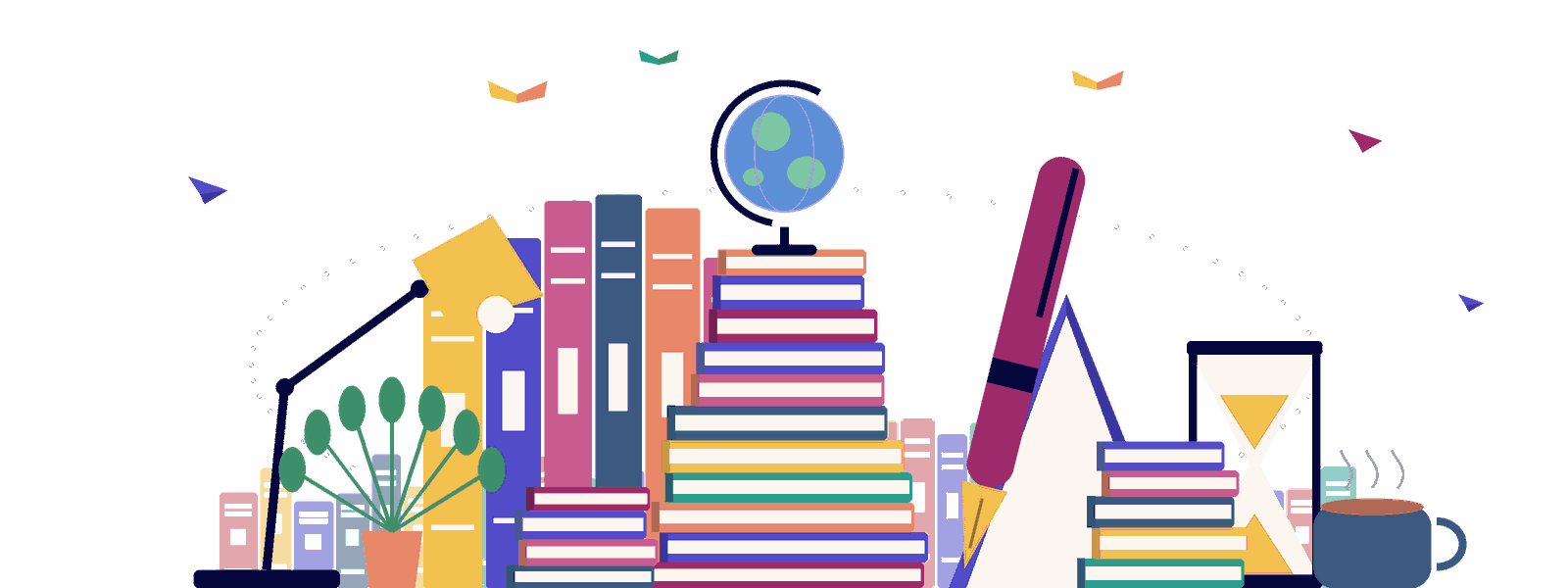 رسمٌ لكتبٍ متراصّة ومصباحٍ وكرةٍ أرضيّة