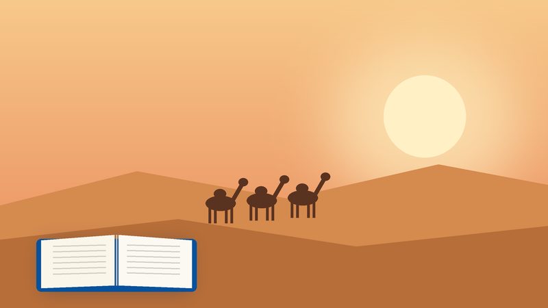 قافلةٌ في الصحراء عند الغروب وكتابٌ مفتوح