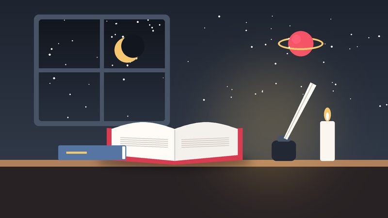 مكتبٌ ليليّ عليه كتابٌ مفتوح ومحبرةٌ وشمعة