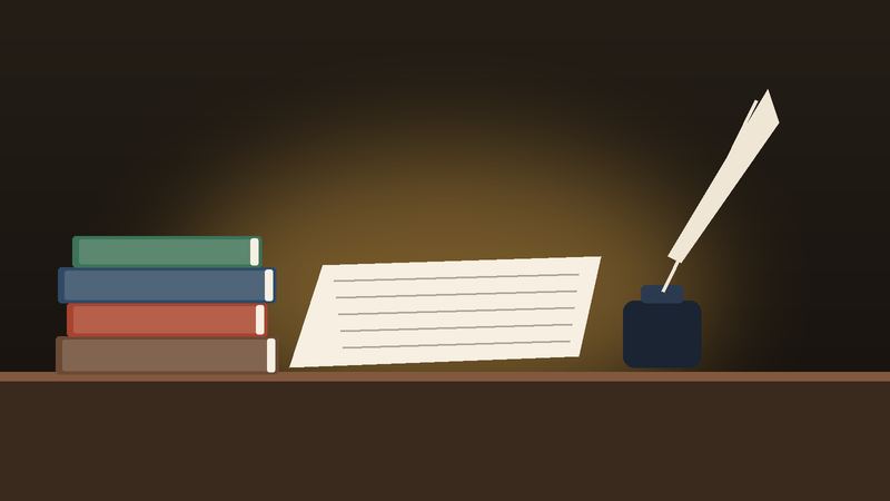 كتبٌ قديمة بجانب محبرةٍ وريشة