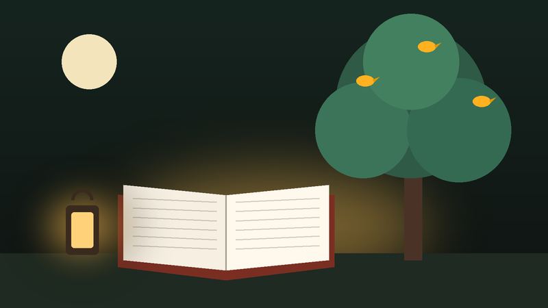 كتابٌ مفتوح تحت شجرةٍ وقمرٍ وفانوس