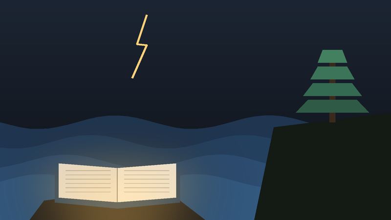 كتابٌ مفتوح على صخرةٍ أمام بحرٍ هائج وشجرة أرز