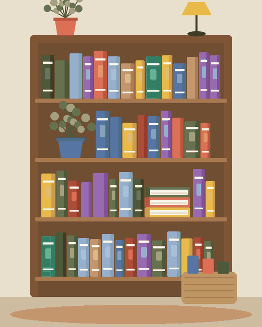 رفّ كتبٍ خشبيّ عليه نبتة ومصباح