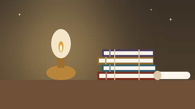 رزمة كتبٍ قديمة بجانب مصباحٍ زيتيّ