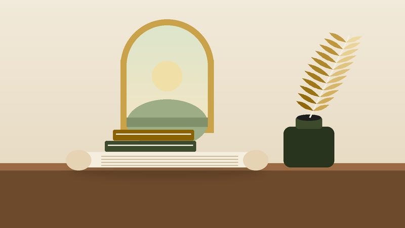 ريشةٌ في محبرة بجانب ورقةٍ ملفوفة وكتابين