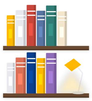 رفّان من الكتب ومصباح