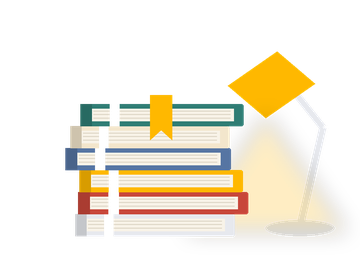 كتبٌ مكدّسة عليها شريطٌ ذهبيّ تحت مصباح