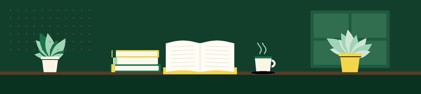 مكتبٌ عليه كتابٌ مفتوح وكوبٌ ونبتة