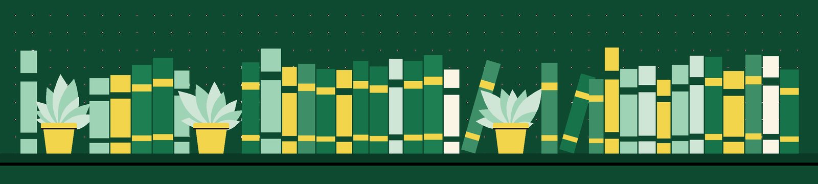 رفٌّ طويل من الكتب الملوّنة والنباتات
