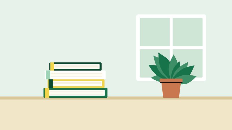 كتبٌ مكدّسة قرب نافذة ونبتة