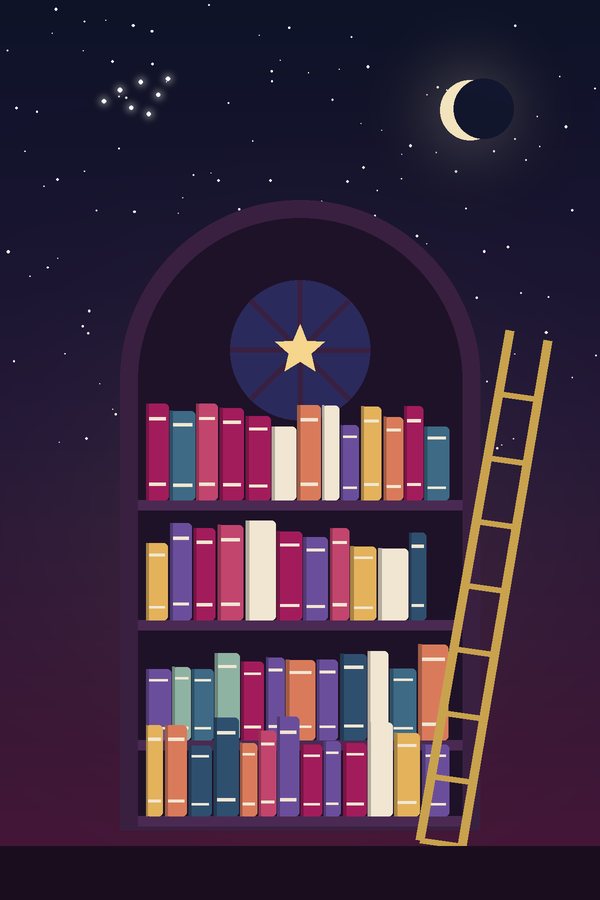 برجٌ من الكتب تحت سماءٍ ليليّة