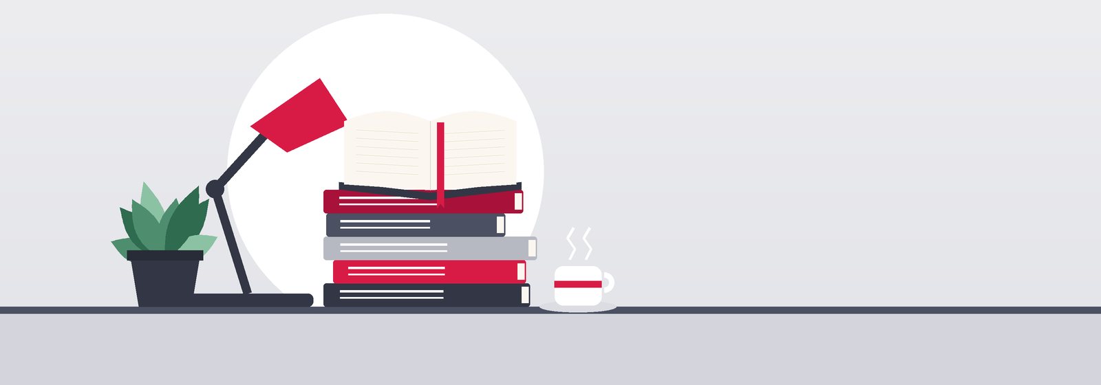 مكتبٌ عليه كومة كتبٍ ومصباحٌ أحمر وكوبٌ ونبتة