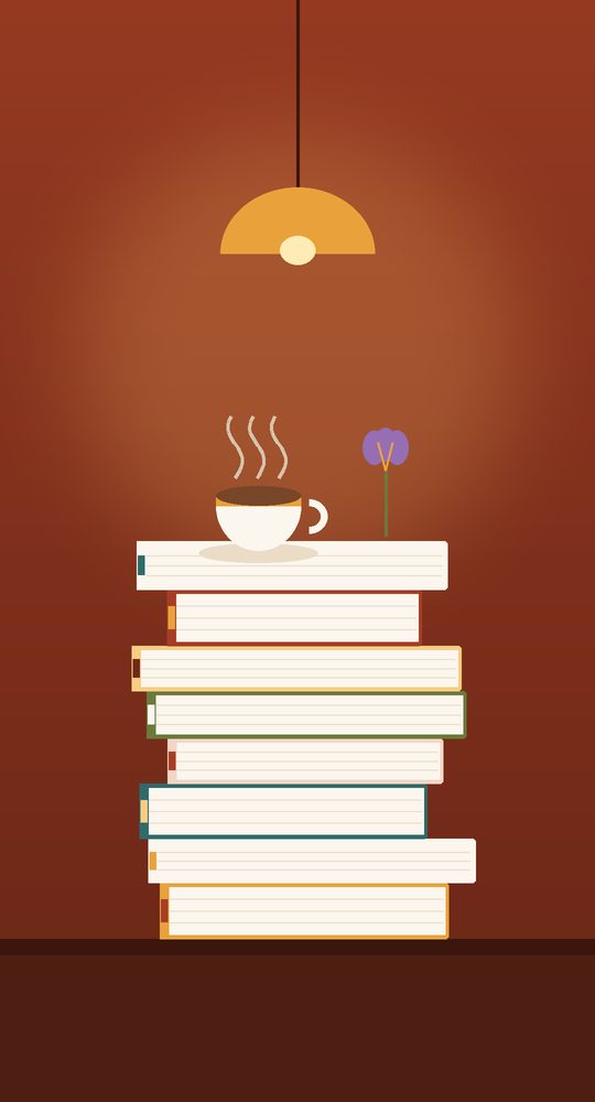 كتبٌ مكدّسة يعلوها كوب شايٍ وزهرة زعفران