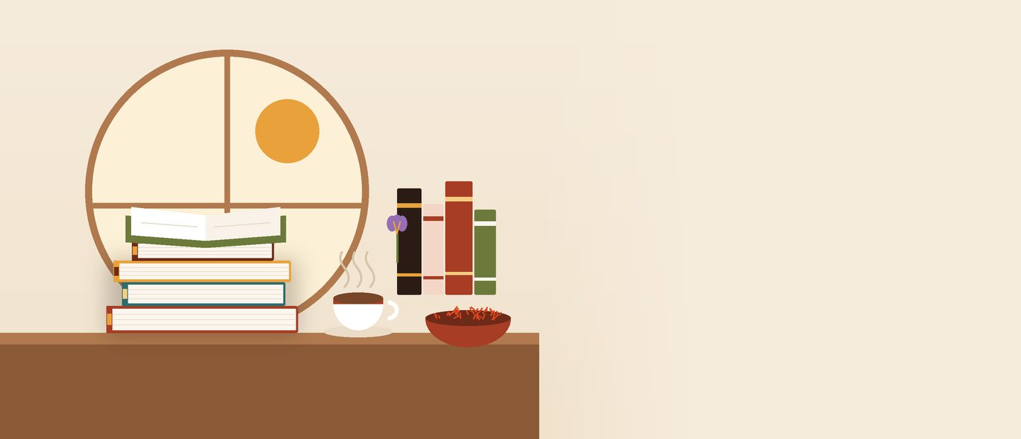 كتبٌ مكدّسة وكوب شايٍ وزعفرانٌ عند نافذةٍ مقوّسة